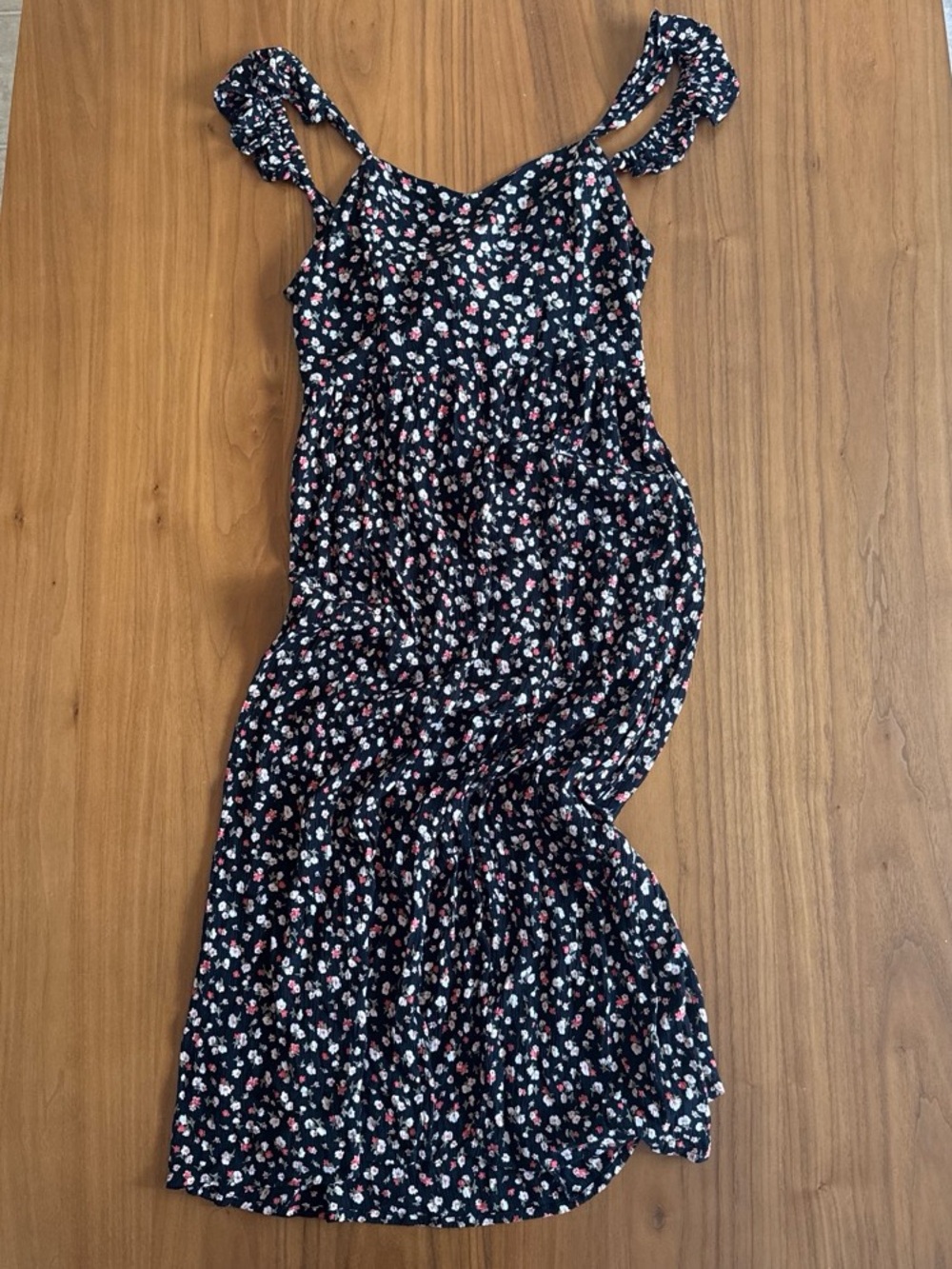 Black Floral Ruffle-Strap Midi Dress